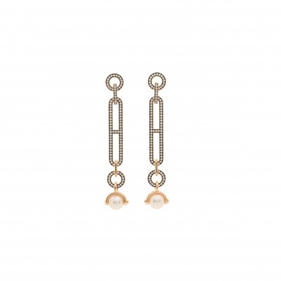 HERMÈS 18K ROSE GOLD DIAMOND PEARL PM CHANDRA DROP EARRINGS 